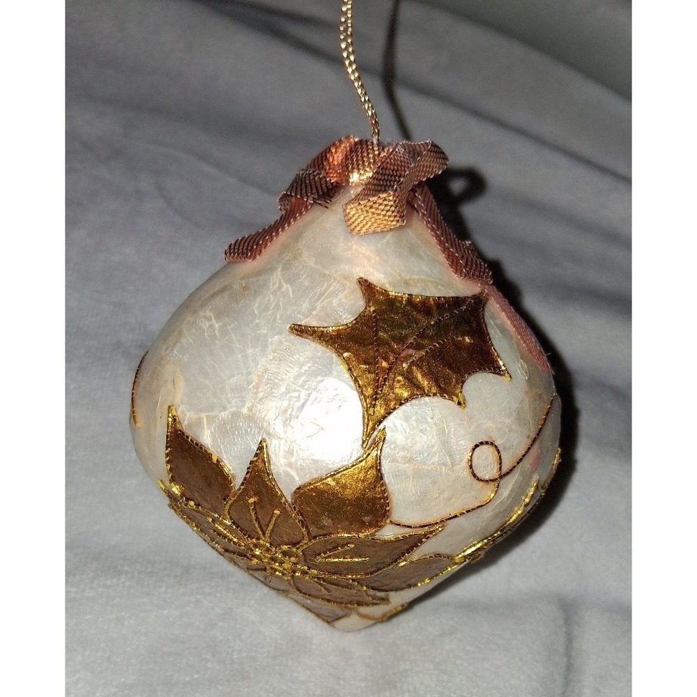 Pearlized Poinsettia Christmas Ornament 4" Gold Bronze Holly Floral